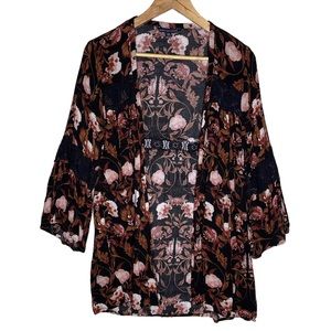 American Eagle AE Black Floral Sheer Lace Inset Boho Kimono Top XS-S